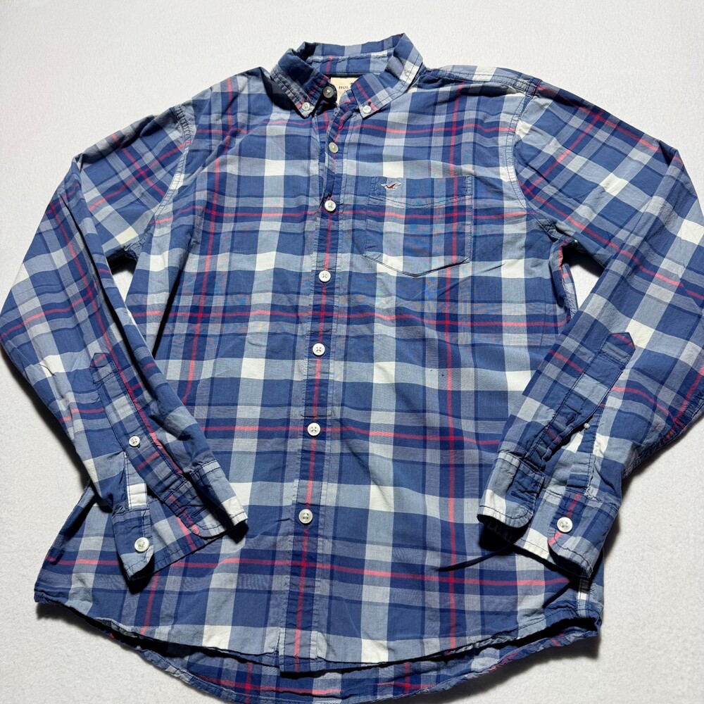 Hollister Medium Cotton Plaid Button Up Shirt Blue White Red